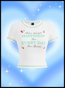 SHEINNeu Niềm vui Dopamine Mùa vụ T Áo sơ mi Mùa hè NỮ Quần áo - trắng - Xem 1