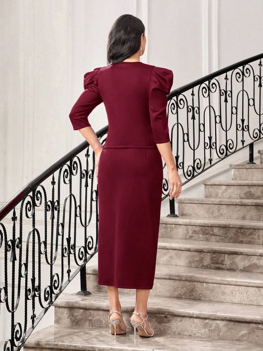 SHEIN Modely Burgundy Red Puff Sleeve Rhinestone Top & Tape Trim Wrap