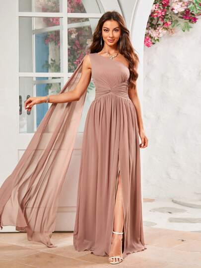 One Shoulder Cape Sleeve & Split Hem Bridesmaid Dress Formal Dress With Twisted Waist