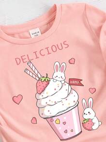 SHEIN 少女休閒簡約卡通兔&字母印花短袖t恤,適合夏天穿著 - 珊瑚粉 - 查看 3