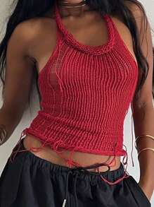 SHEIN EZwear Top De Punto Sin Mangas Para Mujer Con Cuello Halter - Rojo - Ver 3