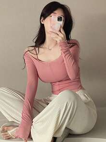 DAZY 女士實色長袖修身t恤 - 粉色 - 查看 5