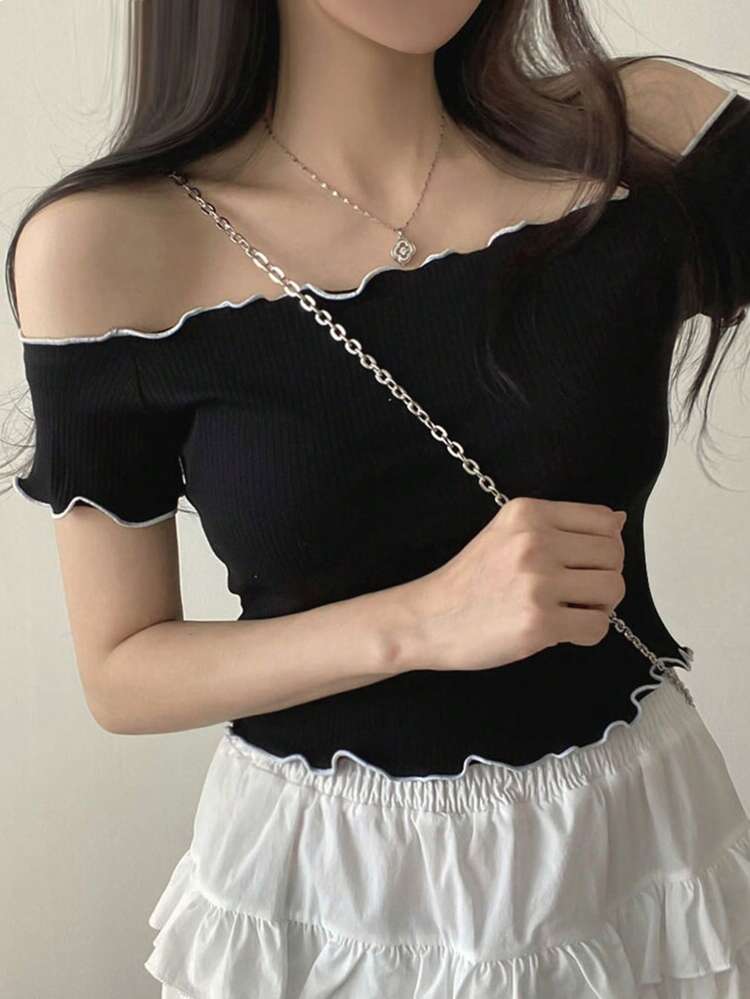 Women's Color Block Off-Shoulder T-Shirt With Decorative Edging Summer,Crop Tops Women,Off Shoulder Top