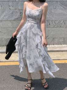 DAZY Damen elegantes Sommerkleid mit floraler Bedruckung, geraffter Taille und Rüschensaum an den Trägern, Lässig Damenkleid