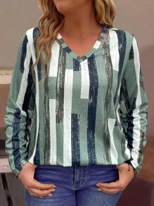EMERY ROSE T-shirt col V à imprimé rayé pour femmes, hauts graphiques - Vert - Voir 6