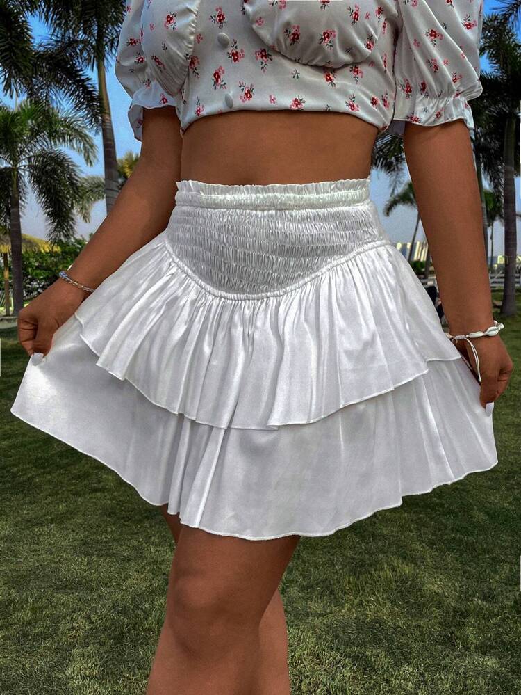 Plus Size Women's Double Layer Ruffled Hem Shirred Waist Skirt