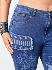 ROMWE Grunge Punk Jeans Acampanados Entallados De Estilo Punk De Talla Grande Para Mujer Con Parche De Calavera - Azul - Ver 5