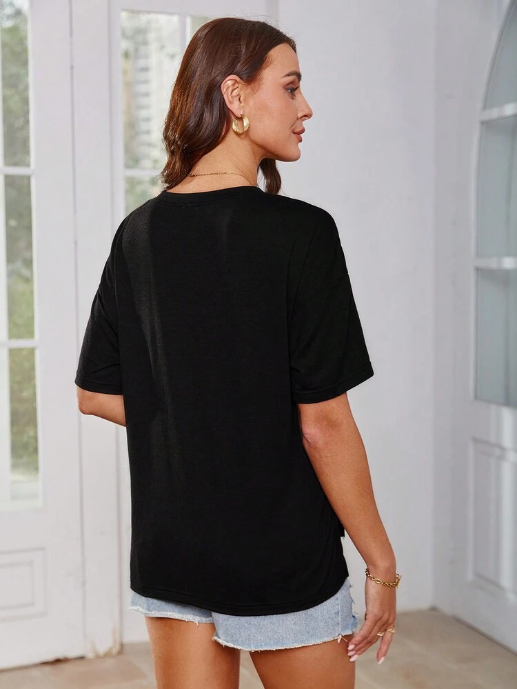 Women's Sequined Letter Embroidery Drop Shoulder T-Shirt