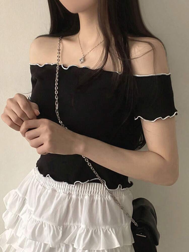 Women's Color Block Off-Shoulder T-Shirt With Decorative Edging Summer,Crop Tops Women,Off Shoulder Top