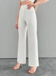 SHEIN PETITE Petite High Waisted Flared Pants - White - View 4