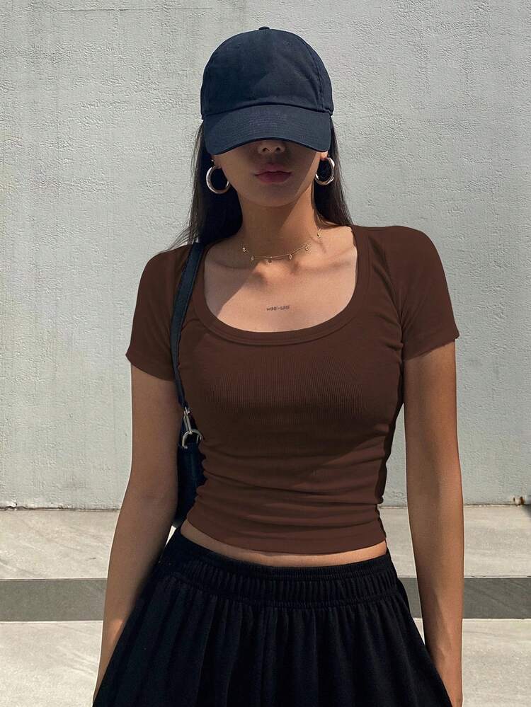 Solid Color Round Neck Short Sleeve T-Shirt Summer,Crop Tops Women