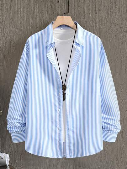 Men's Casual Striped Button-Up Long Sleeve Shirt, Polyester, Suitable For Spring & Summer, Slightly Oversized
