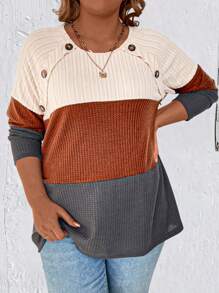 SHEIN LUNE Áo thun tay Raglan phối màu cỡ lớn có nút và họa tiết bất đối xứng dành cho nữ - Nhiều màu - Xem 5
