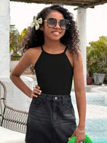 SHEIN Tween Girls' Ribbed Casual Tank Top - Black - View 5