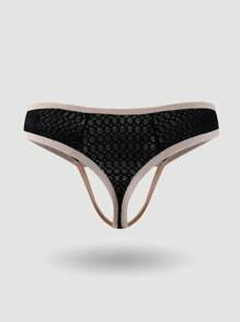 男士無縫邊縫花邊丁字褲 - 黑色 - 查看 2