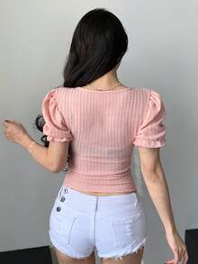 DAZY 女士純色泡袖短款上衣,有情人的領子設計