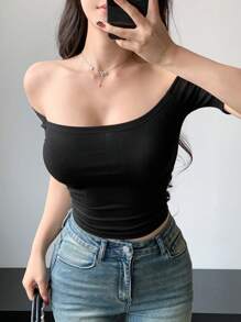 DAZY 纯色露肩短款上衣，紧身设计，夏季 - 黑色 - 查看 6