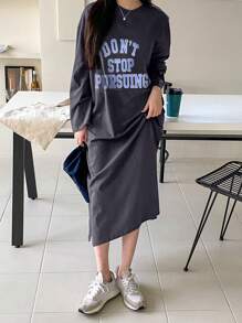 DAZY 女士长袖宽松字母印花长裙，秋装 - 深灰色 - 查看 7