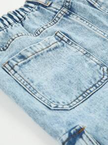 SHEIN Tween Girls' Jeans New Arrival Casual Fashion Multi-Pocket Cargo Washed Denim Straight Pants - Light Wash - View 6