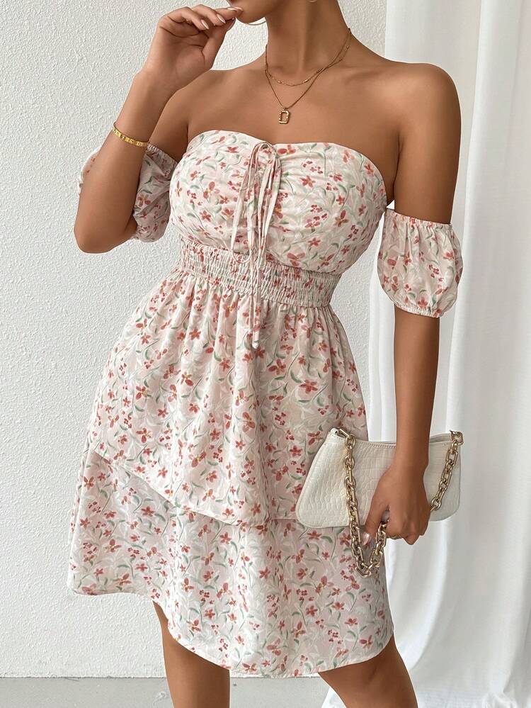 Floral Printed Off Shoulder Puff Sleeve Dress With Belt
