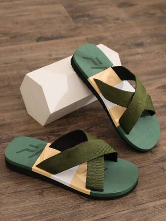 Men's Cross Strap Slippers, Green Patchwork Fabric Upper, Flat Outdoor Sandals For Summer Beach, Casual