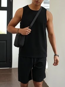 Manfinity Homme Men's Solid Color Round Neck Tank Top And Drawstring Waist Shorts Set - Black - View 3