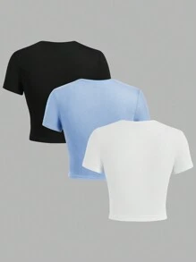 SHEIN EZwear 3入組休閒百搭修身女士圓領T恤，短袖，適合夏季穿著 - 彩色 - 查看 2