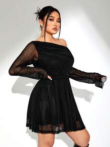 SHEIN ICON Plus Ruched Asymmetrical Shoulder Flare Hem Dress - Dark Grey - View 4