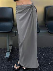 Dazy X KIMYOUJUNG 纯色扭结细节长款拉链开衩半身裙 秋季半身裙