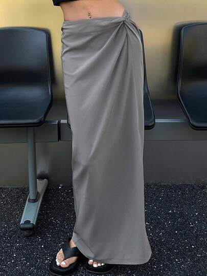 Dazy X KIMYOUJUNG Enfärgad Vriden Knutdetalj Lång Dragkedja Slitkjol Höstkjolar