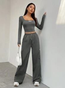 SHEIN EZwear Letter Patchwork Square Collar Slim Fit T-Shirt And Cargo Pants