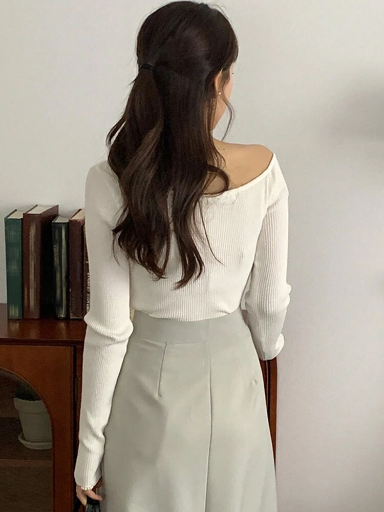 Women's Elegant Solid Color Asymmetric Neck Fitting Sweater,Fall Clothes