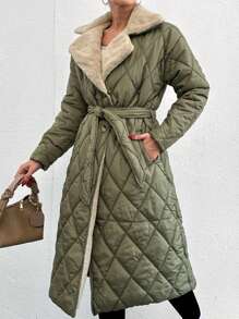 SHEIN Cottnline Women's Solid Color Long -padded Jacket With Zipper Closure And Stand Collar - Lime Green - View 4