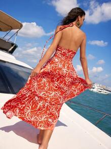 Anewsta Vestido Sexy Anewsta De Correa Con Estampado Floral En El Escote En V Y Cinturón Con Pliegues, Abierto En La Espalda Y De Color Rojo Para Estilo De Vacaciones