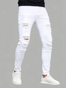 SHEIN Leap Crew 少年男孩休閒實色撕裂牛仔褲