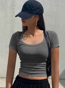 DAZY Áo thun cổ tròn tay ngắn ôm vừa vặn màu trơn, áo crop top nữ thời trang thanh lịch - Màu xám đen - Xem 3