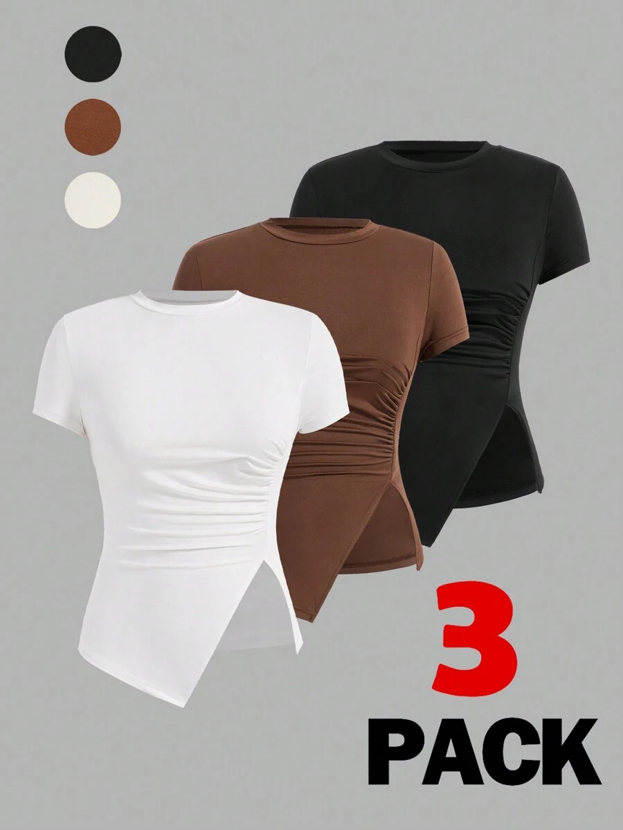 SHEIN Essnce 3pcs/Set Asymmetrical Short Sleeve T-Shirt With Pleat Detail - Multicolor - View 1
