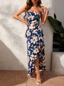 SHEIN VCAY Holiday Flower Print Bandeau Split Hem Dress With Ruffle Hem - Navy Blue - View 3