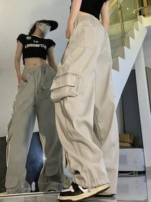 Flap Pocket Drawstring Waist Cargo Trousers - Grey - View 3