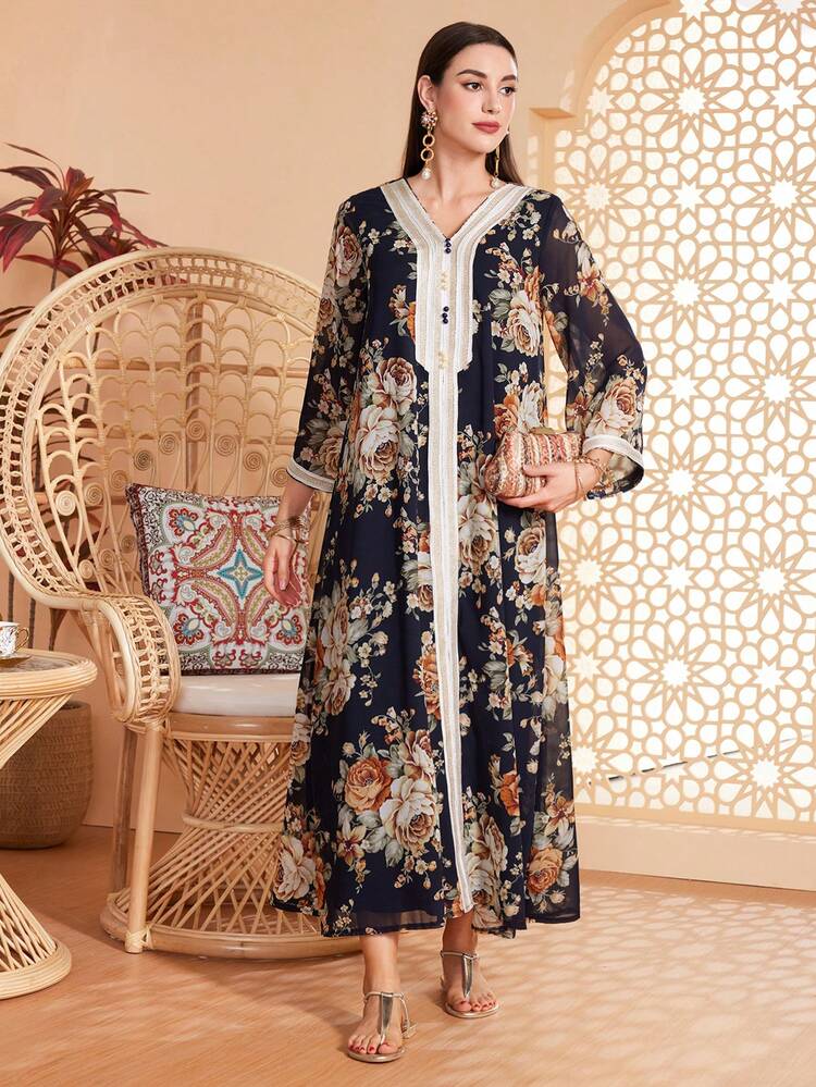 Floral Printed Square Neckline Belted Loose Dress