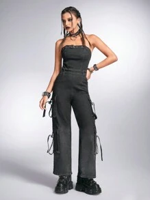 ROMWE Grunge Punk Denim Áo liền quần Với Bib Túi Và Chân thẳng Thiết kế , - màu đen - Xem 4