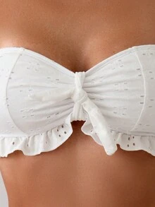 SHEIN Swim 刺绣纯色抹胸比基尼上衣，前部带结，适合夏季、海滩、游泳和度假 - 白色 - 查看 7