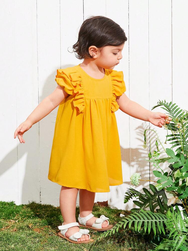 Baby Girl's Summer Holiday Leisure Solid Color Ruffle Edge Short Sleeves Dress