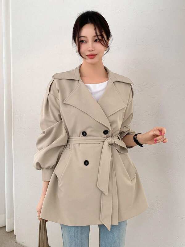 DAZY Women's Solid Color Lapel Double Breasted Long Sleeve Casual Business Trench Coat