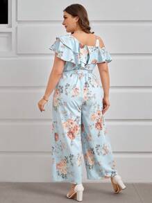 SHEIN Clasi Summer Plus Size Wedding Floral Print Asymmetrical Collar Straight Jumpsuit - Baby Blue - View 2
