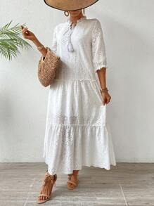Breezaya Hollow Out Embroidered Dress With Bow Tie Collar And Ruffle Hem - White - View 5