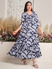 Seusyu Full Printed V-Neck Dress With Ruffle Hem - Multicolor - View 7