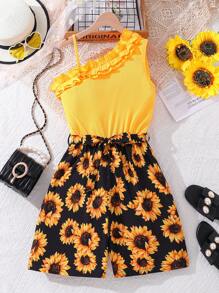 少女太陽花印花拼接連體褲,襯有荷葉邊領口 - 黃色 - 查看 1