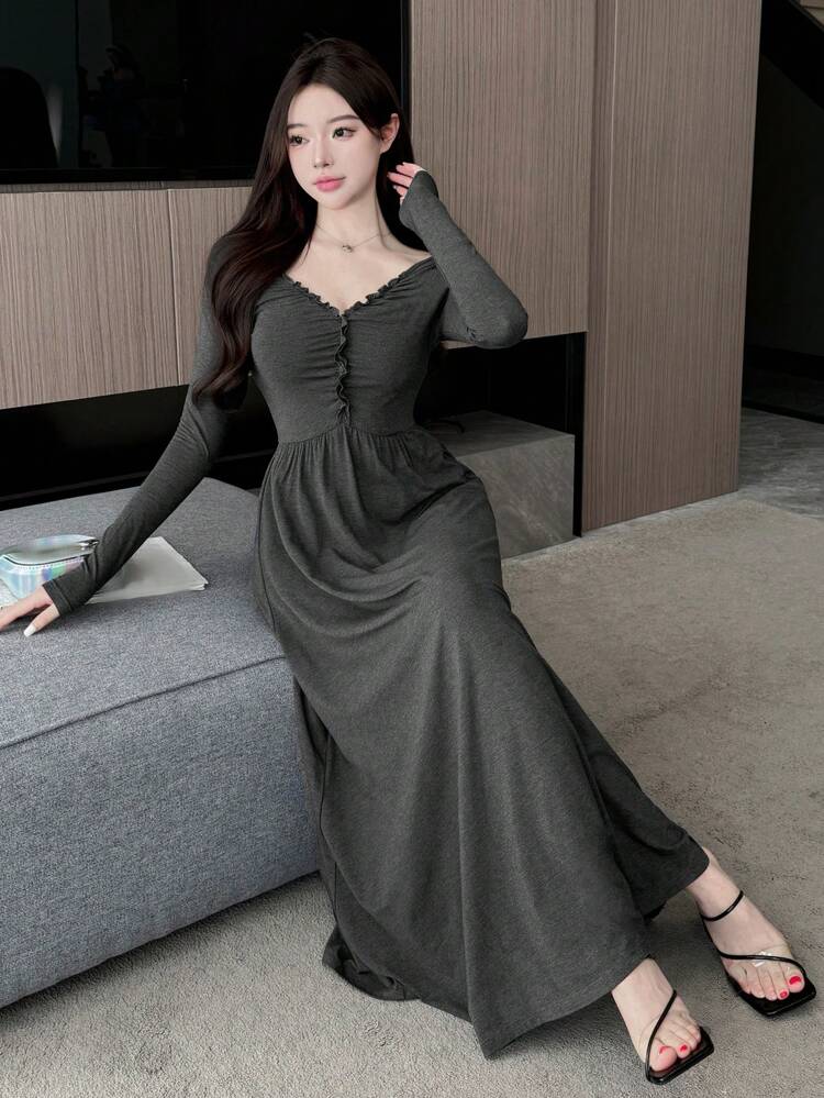 Women's Solid Color Long Sleeve Dress With Frill Hem,Fall Clothes