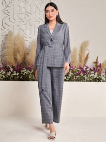Seusyu Women's Plaid Notched Lapel Long Sleeve Blazer - Blue - View 7